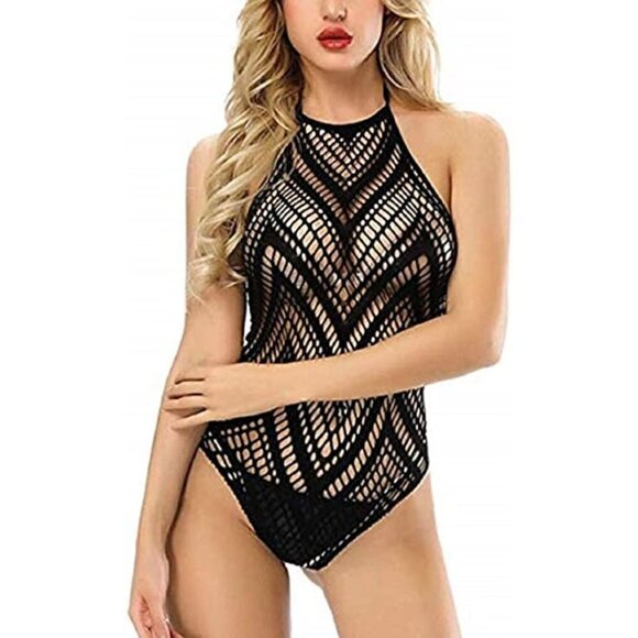 FISHNET Halter Chemise Deep V Hot Mesh Mini Dress Bodysuit Dress Babydoll NWT - Picture 1 of 5
